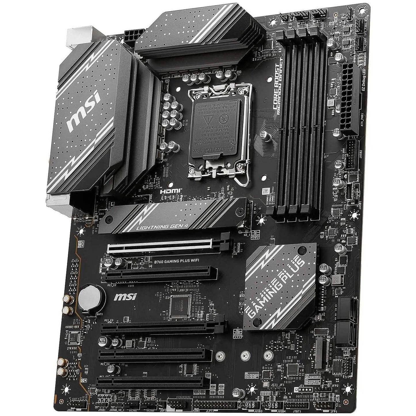 MSI B760 gaming plus WiFi motherboard, black PCB with CPU socket and expansion slots