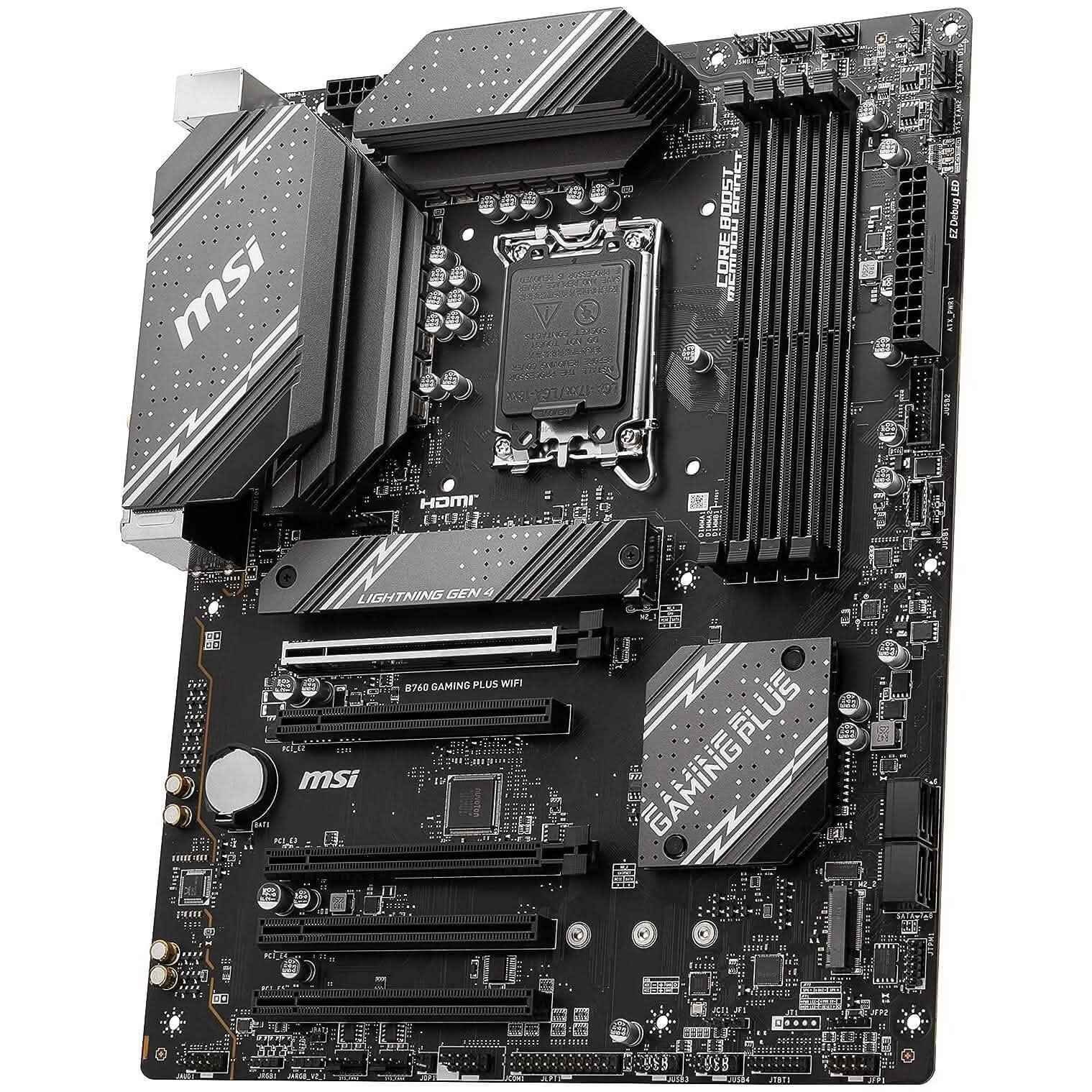MSI B760 gaming plus WiFi motherboard, black PCB with CPU socket and expansion slots