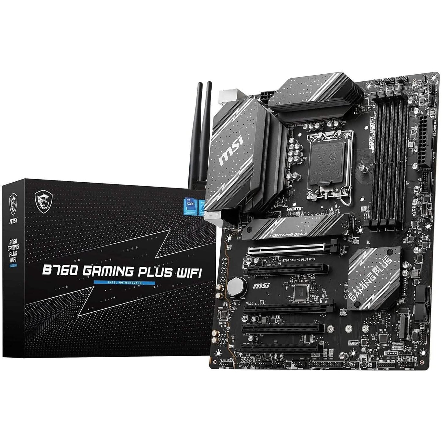 MSI B760 gaming motherboard with Wi-Fi, ATX, pictured with retail box