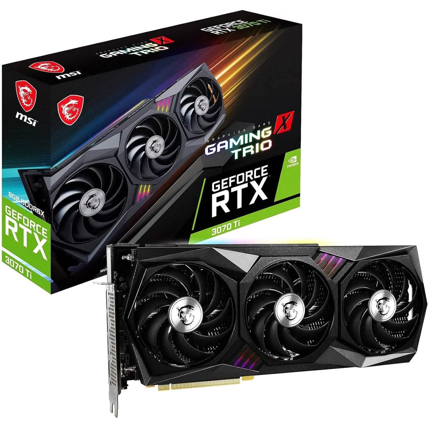MSI GeForce RTX 3070 Ti graphics card with box, black triple-fan cooler