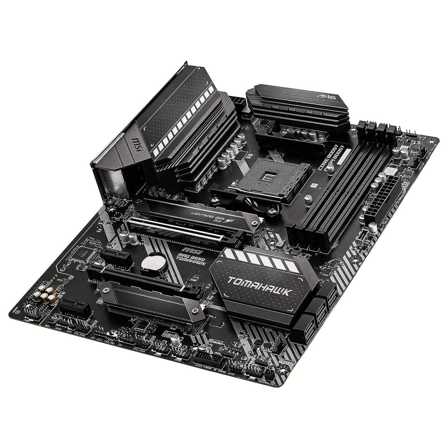 Refurbished MSI MAG B550 Tomahawk gaming motherboard, diagonal angle with heatsinks and socket