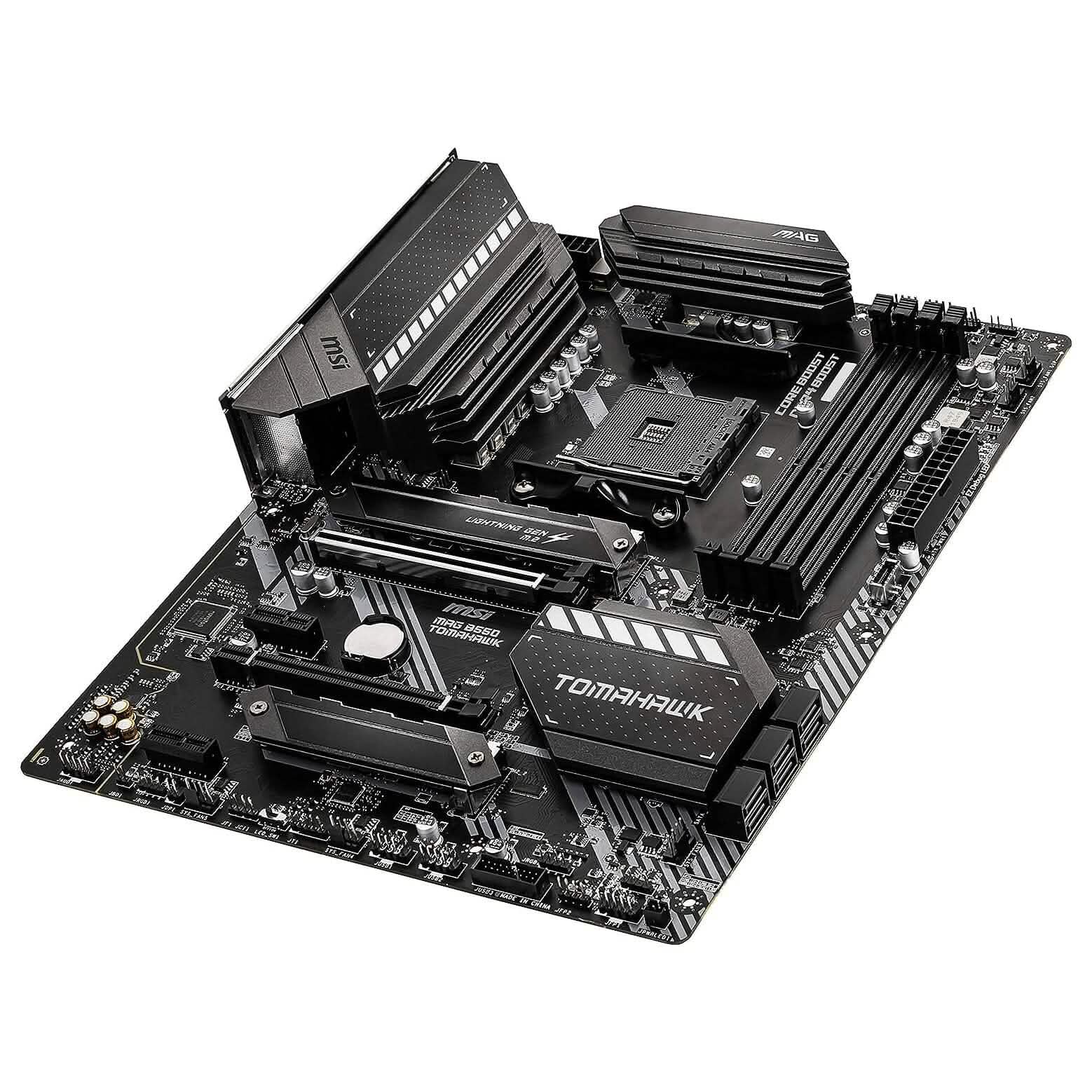 Refurbished MSI MAG B550 Tomahawk gaming motherboard, diagonal angle with heatsinks and socket