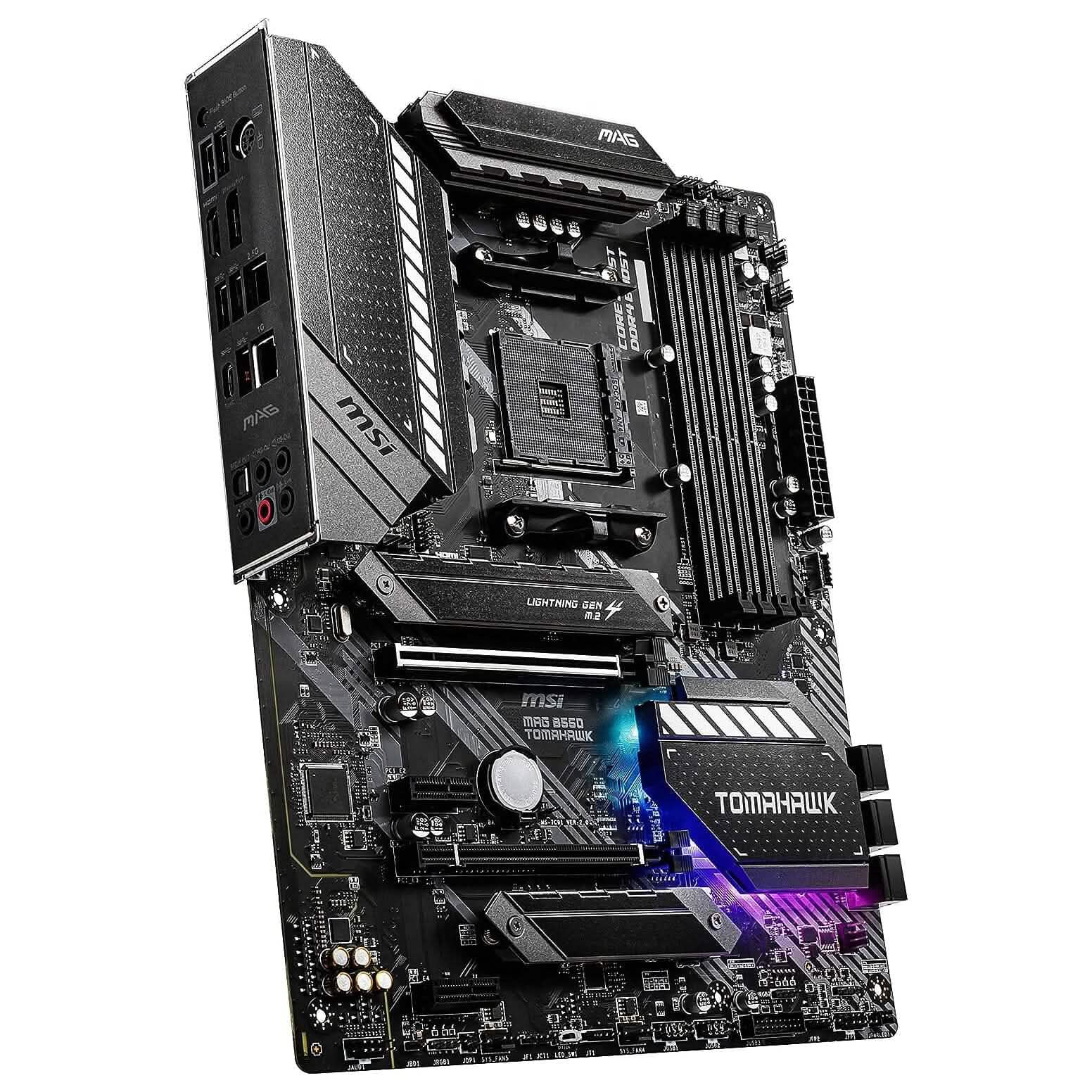 Refurbished MSI MAG B550 Tomahawk gaming motherboard, angled view with I/O shield