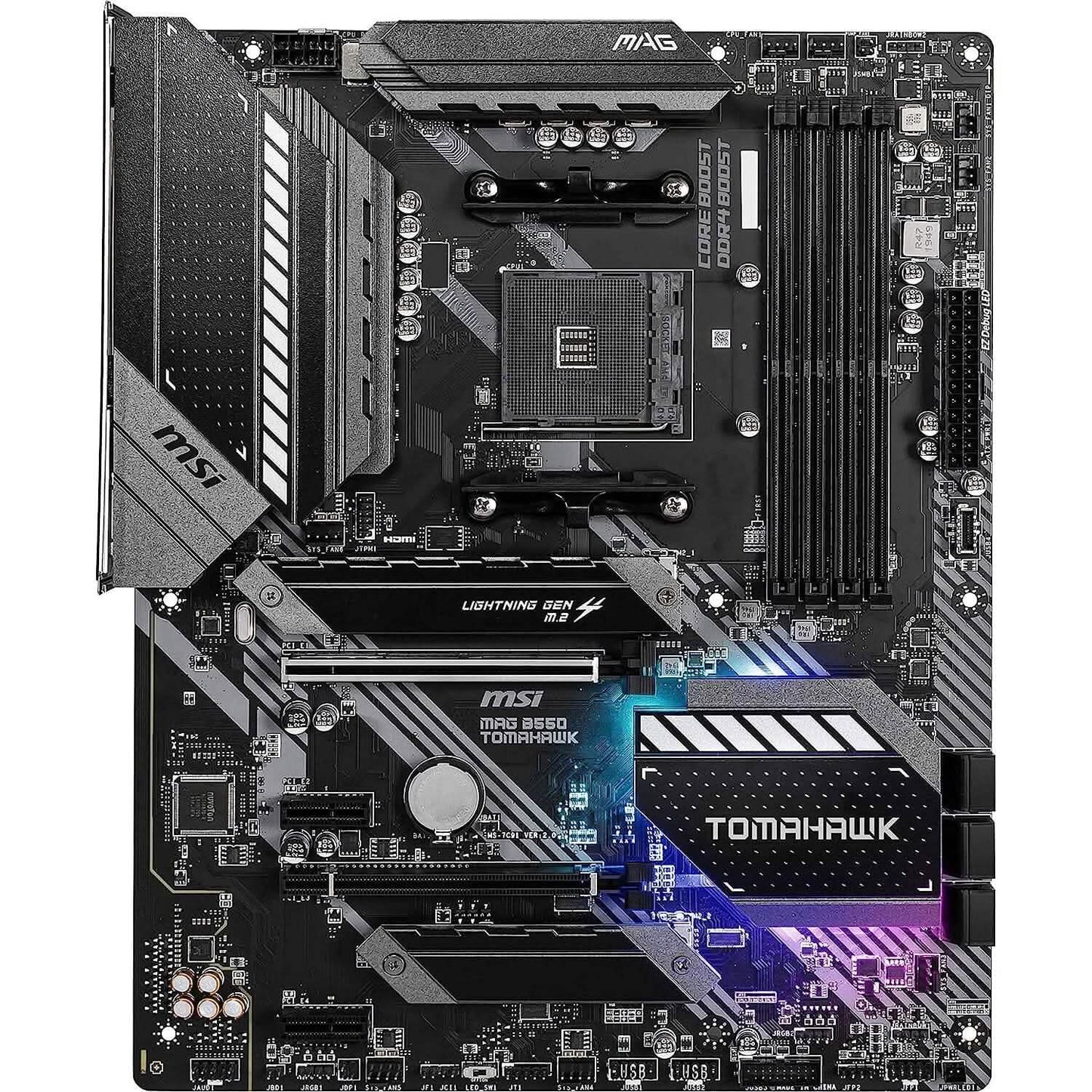 Refurbished MSI MAG B550 Tomahawk gaming motherboard, top view with socket and heatsinks