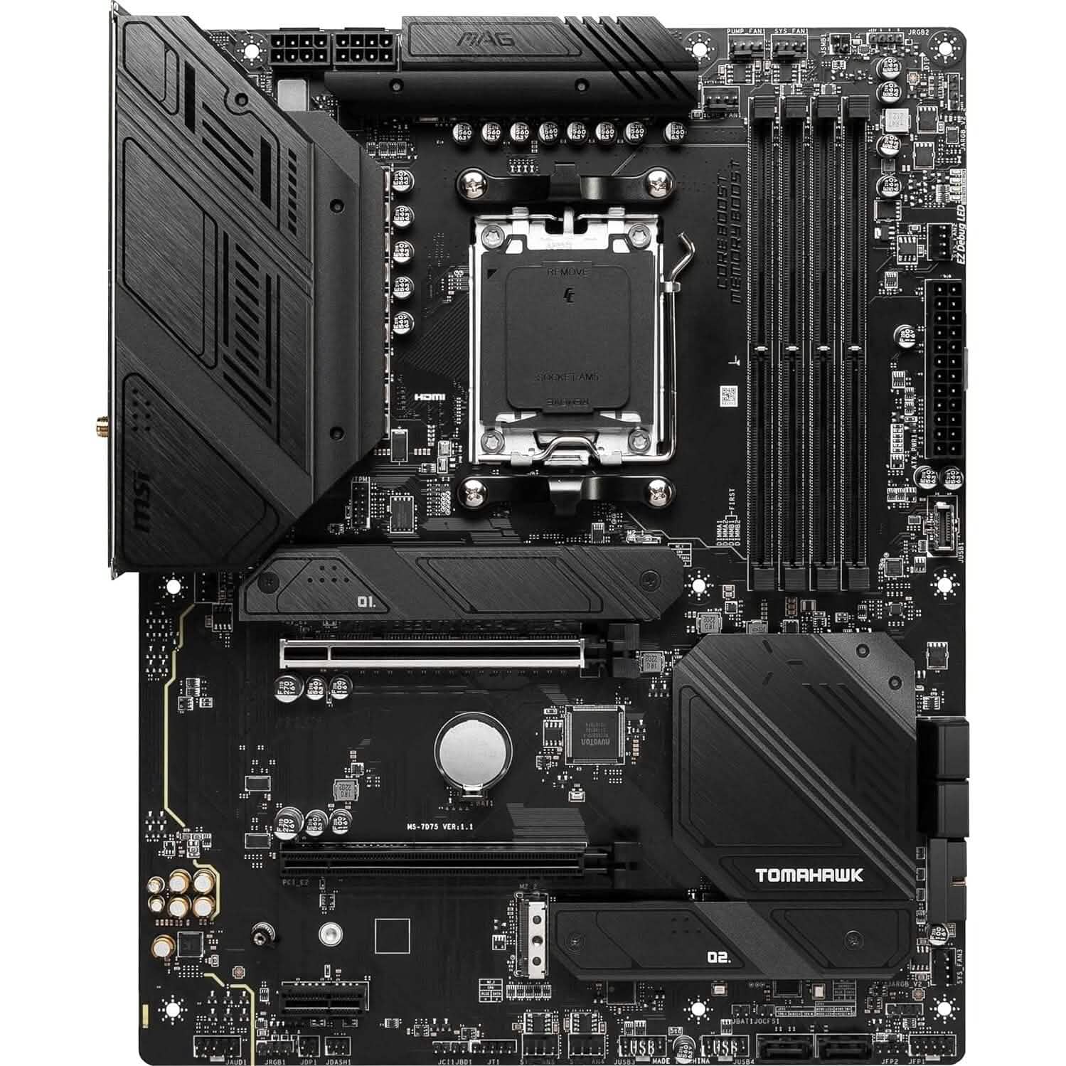 MSI MAG B650 Tomahawk WiFi ATX motherboard showing CPU socket and memory slots