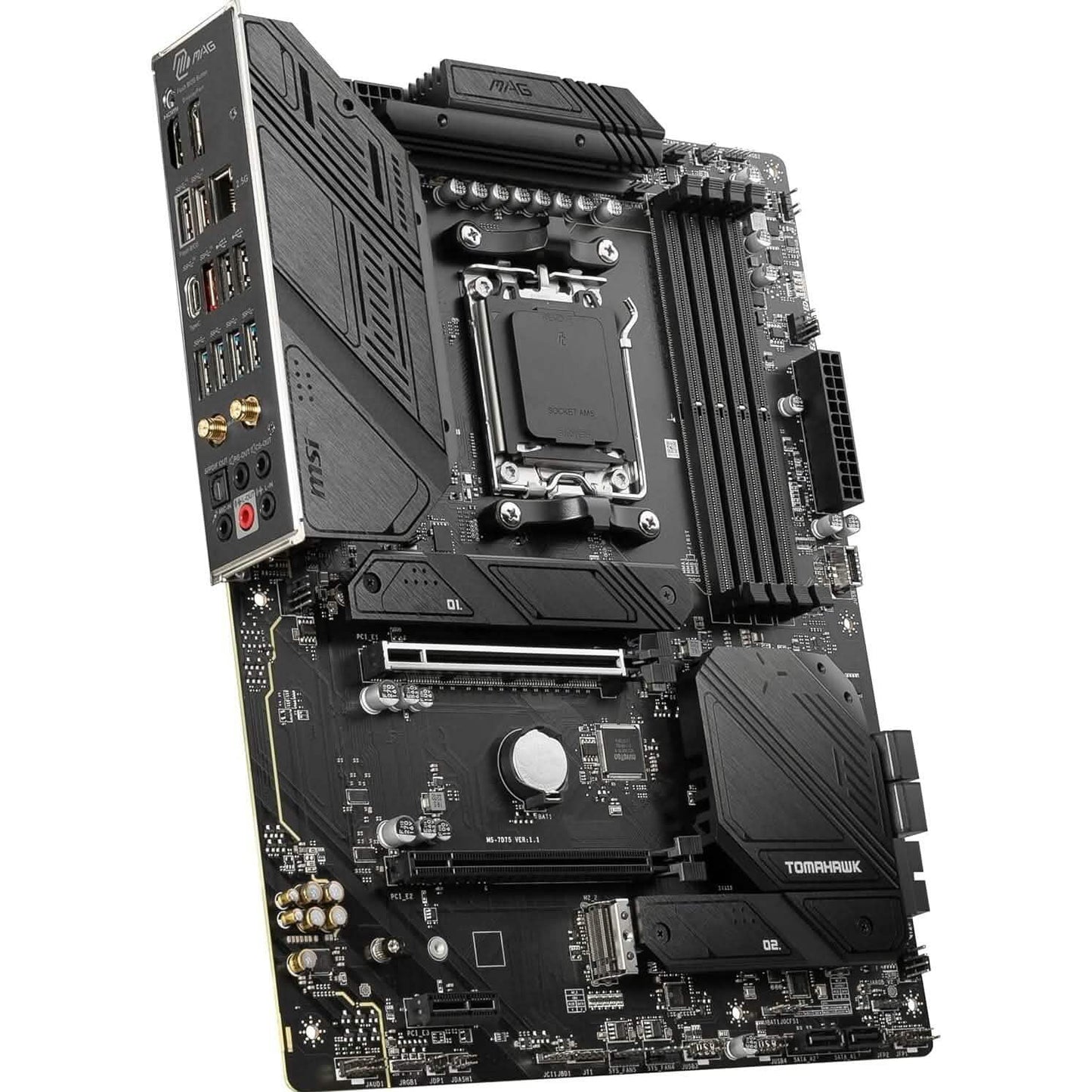 MSI MAG B650 Tomahawk WiFi ATX motherboard showing rear I/O and expansion slots