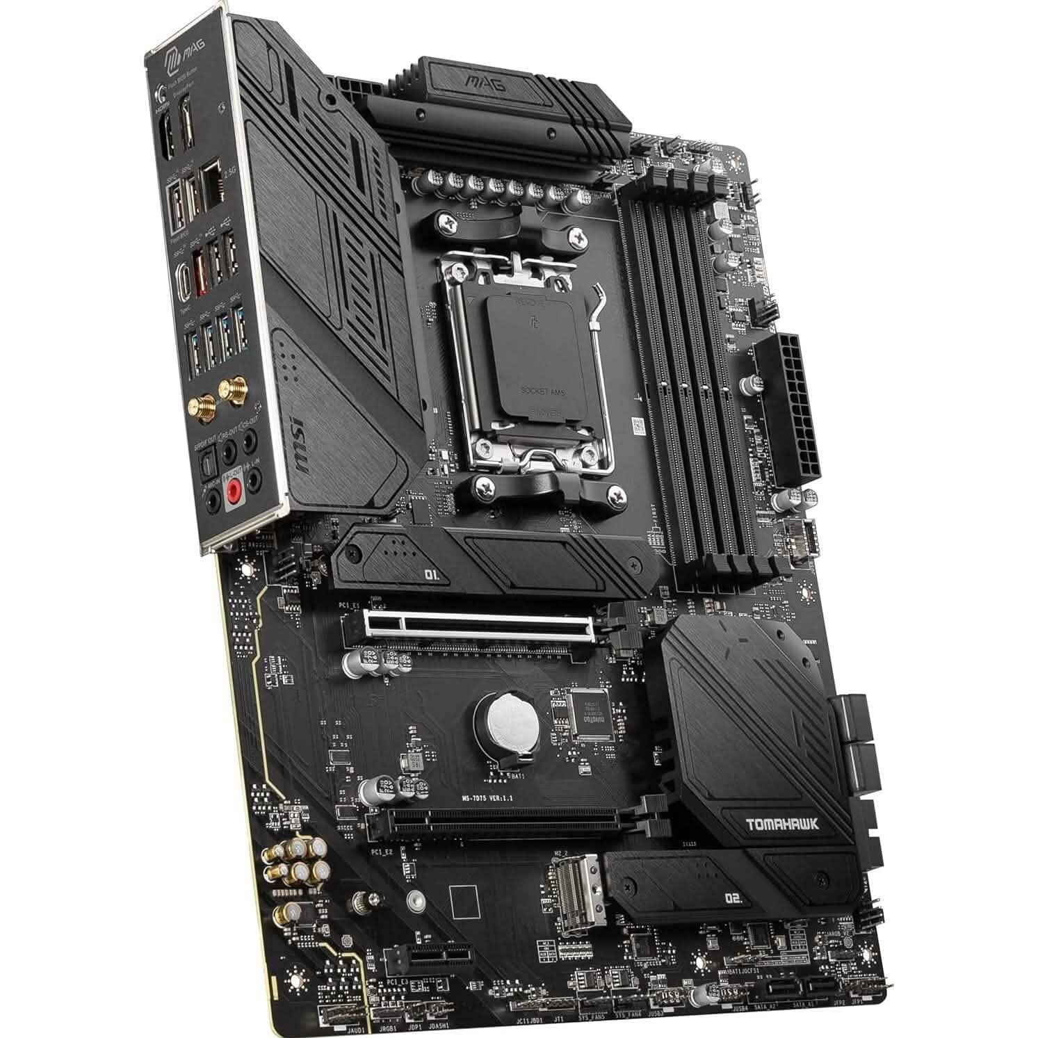 MSI MAG B650 Tomahawk WiFi ATX motherboard showing rear I/O and expansion slots