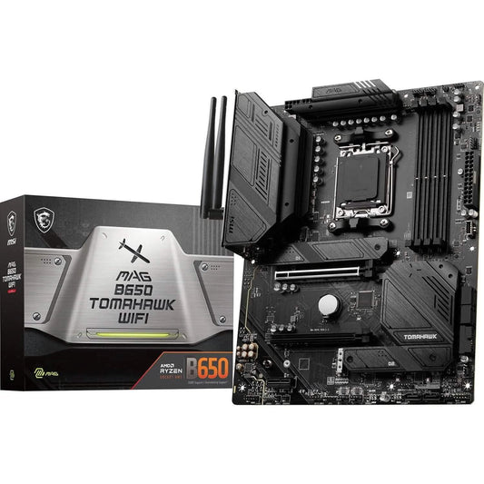MSI MAG B650 Tomahawk WiFi ATX motherboard box and board with Wi-Fi antenna