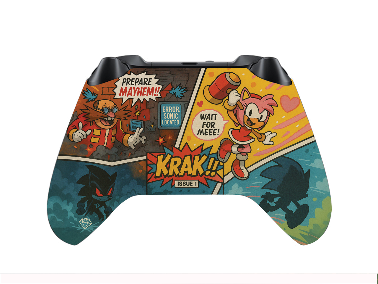 Xbox Series X/S controller back with orange comic panels and 'KRAK! ISSUE 1' print