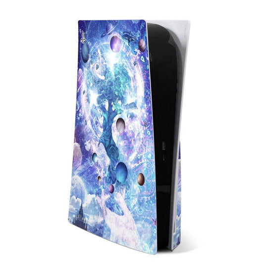 PS5 skin with blue and purple space-themed artwork and device cutout