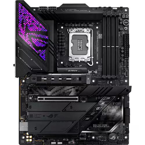 Gaming motherboard with purple LED panel, CPU socket, and black heatsinks