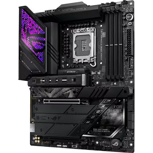 Gaming motherboard front view with purple-lit side panel, CPU socket, and memory slots