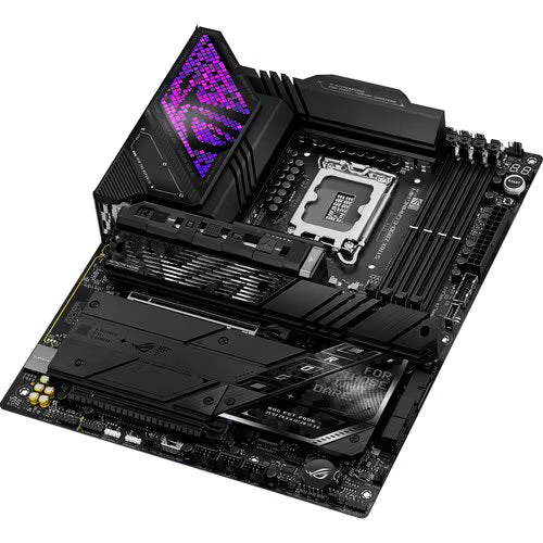 Gaming motherboard top-down view with purple LED display, CPU socket, and M.2 heatsink