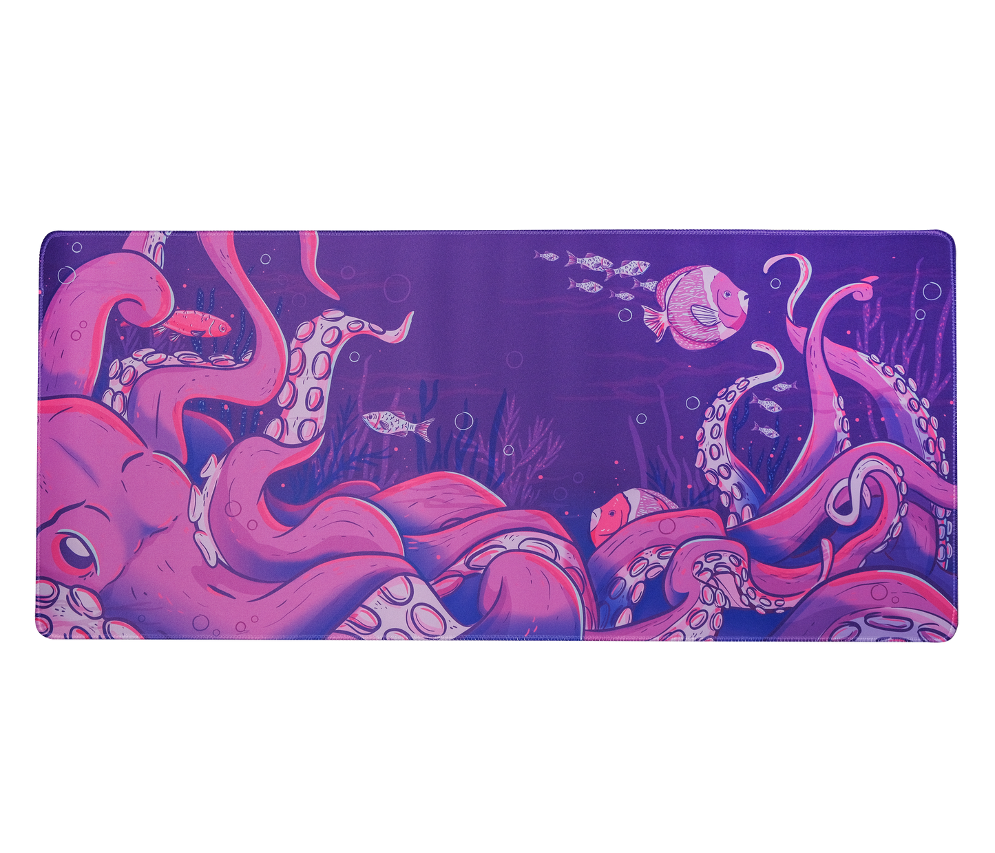 Octopus desk mat with wide underwater octopus scene in purple and pink