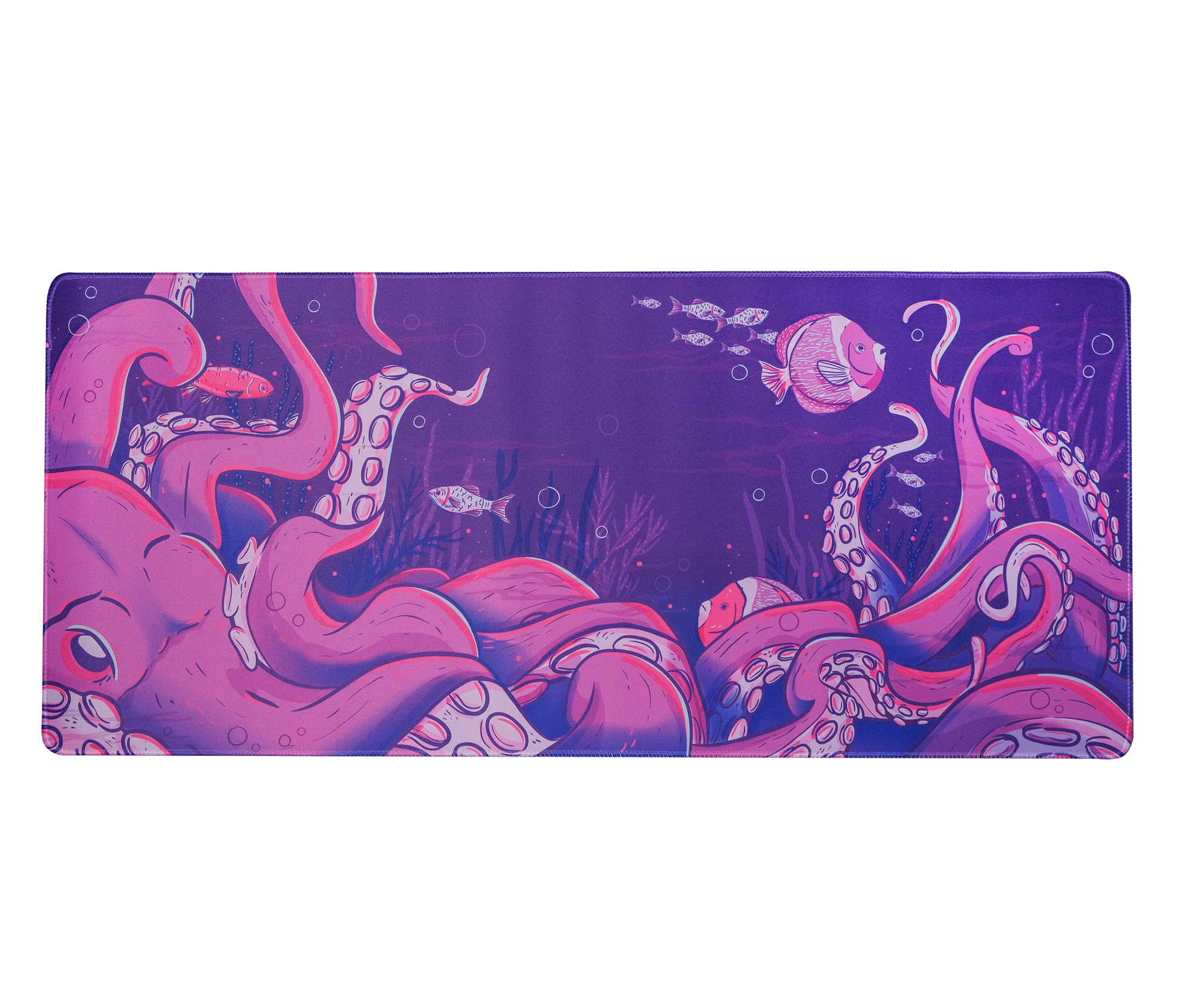 Octopus desk mat with wide underwater octopus scene in purple and pink