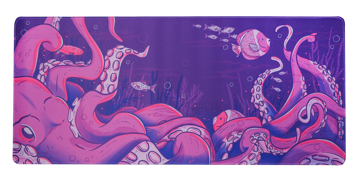 Octopus desk mat with purple underwater character artwork and pink details