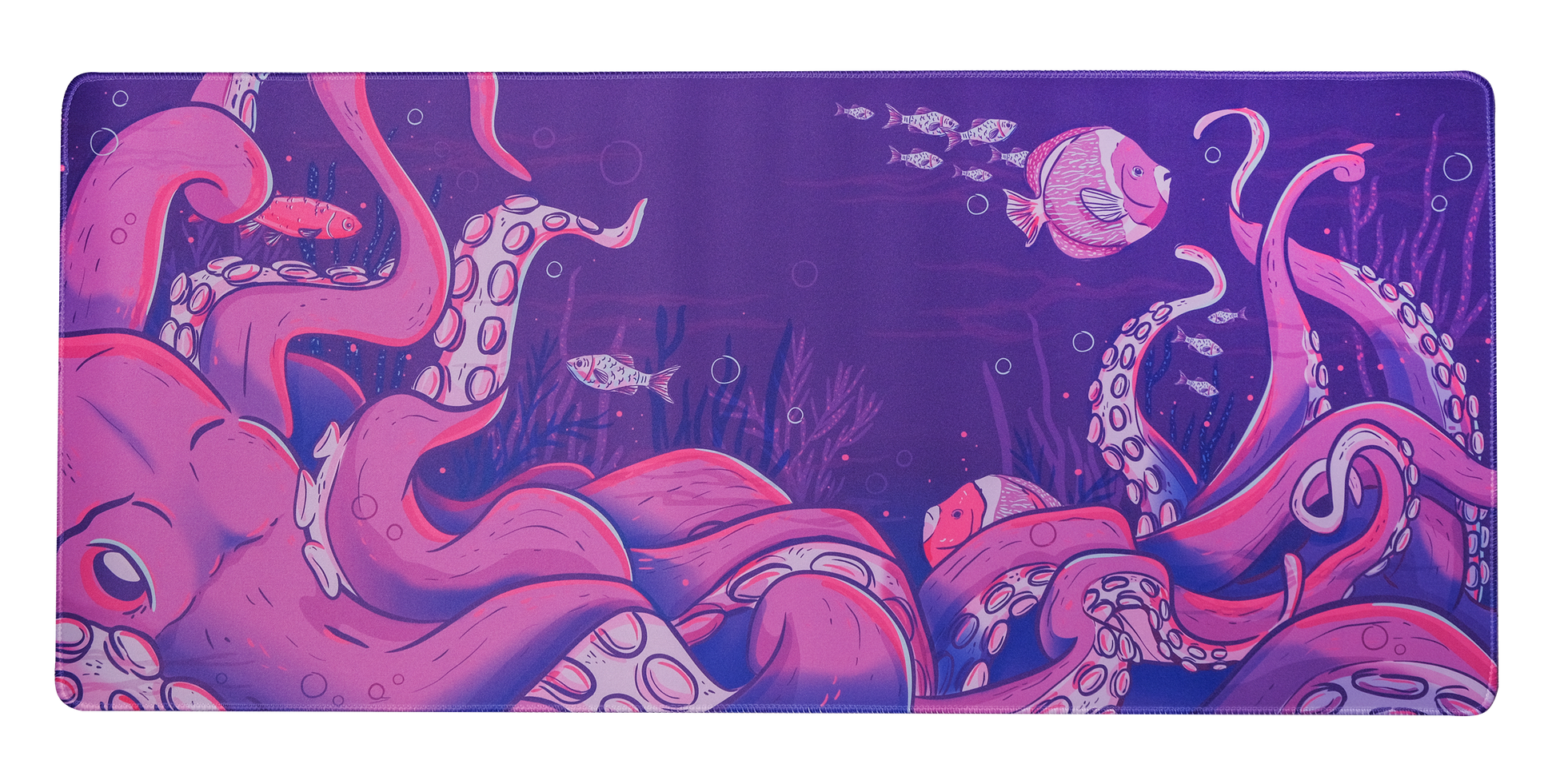 Octopus desk mat with purple underwater character artwork and pink details