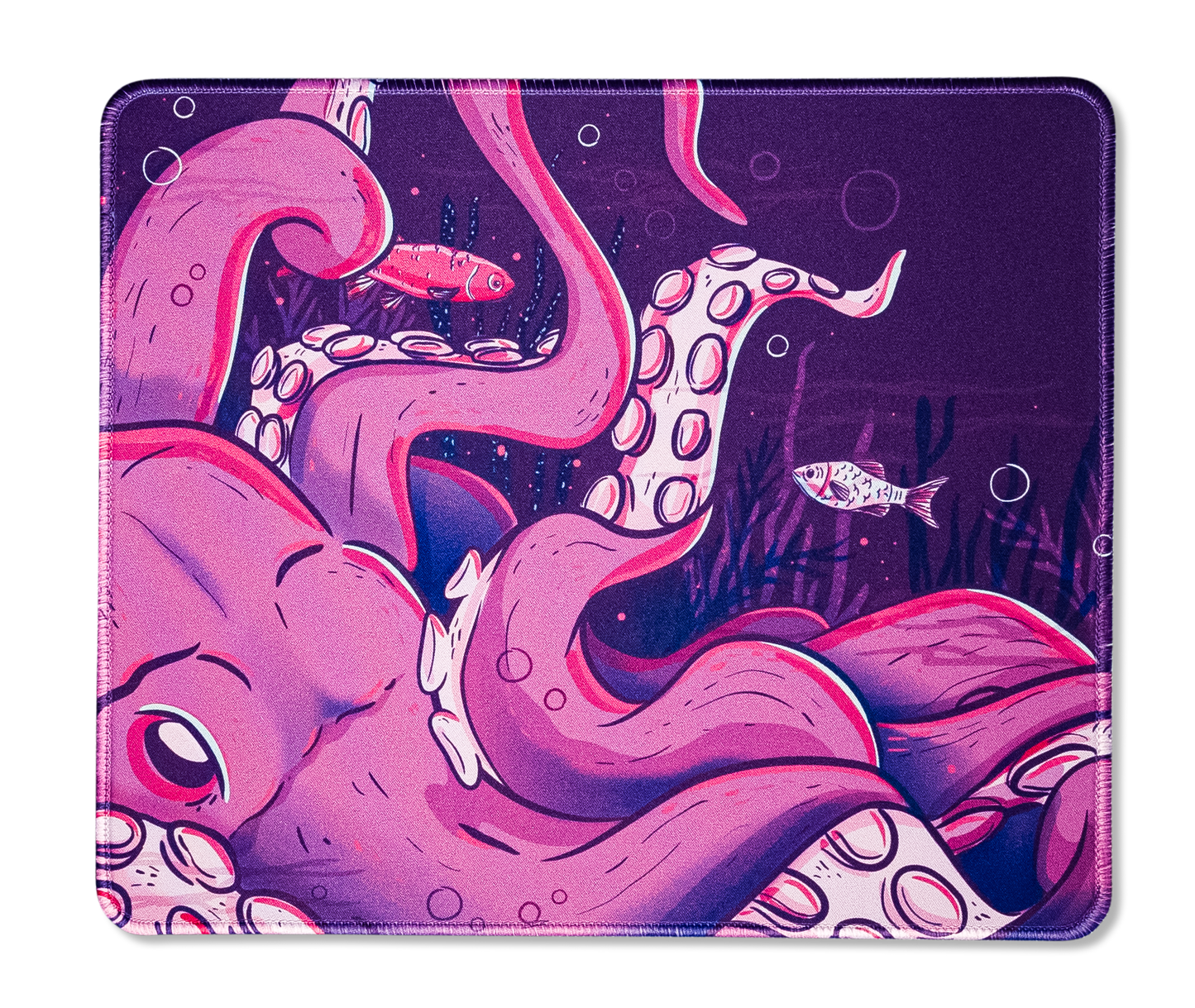 Octopus desk mat with large pink octopus curled on purple underwater background