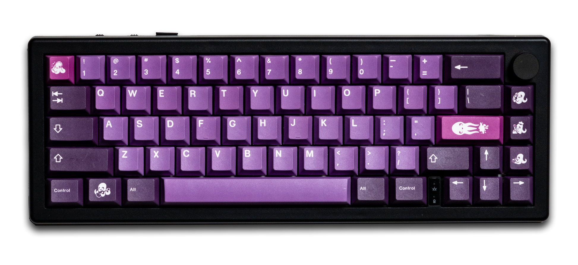 Purple and dark keycaps with octopus-themed legends on a keyboard layout.