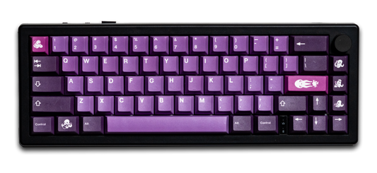 Purple and dark keycaps with octopus-themed legends on a keyboard layout.