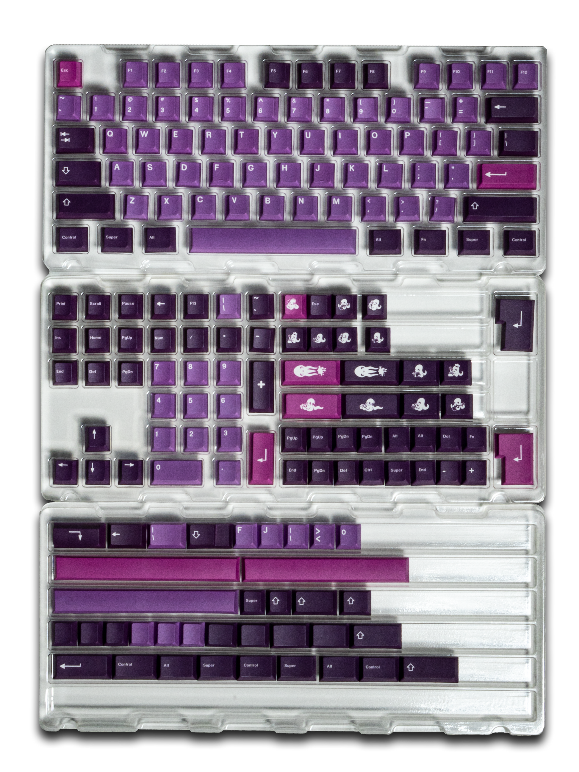 Purple octopus-themed keycap set arranged in a clear tray, top view.