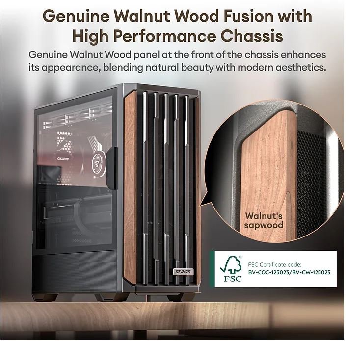Okinos Mirage 6 ATX Mid Tower Walnut Wood Case - Tempered Glass Side Panel