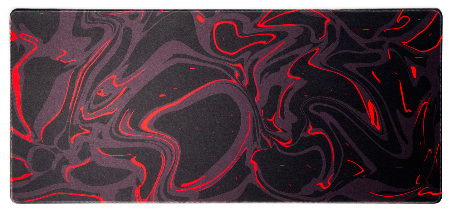 Black desk mat with red marble swirl pattern and thin stitched border