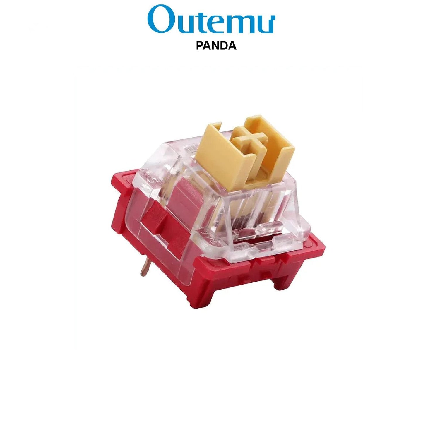 Mechanical keyboard switch with red base, clear housing, and yellow-gold stem
