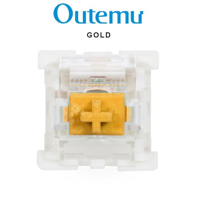 Mechanical keyboard switch with gold cross-shaped stem in clear plastic housing