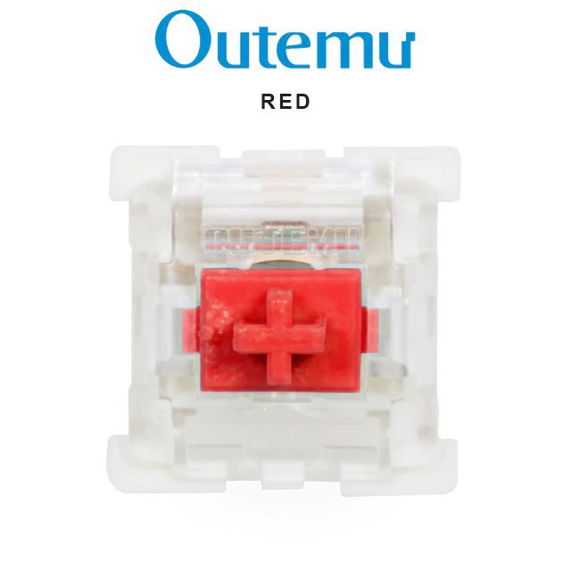 Mechanical keyboard switch with red cross-shaped stem in clear plastic housing