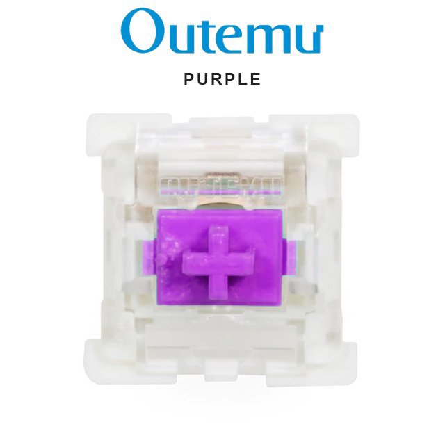 Mechanical keyboard switch with purple cross-shaped stem in clear plastic housing