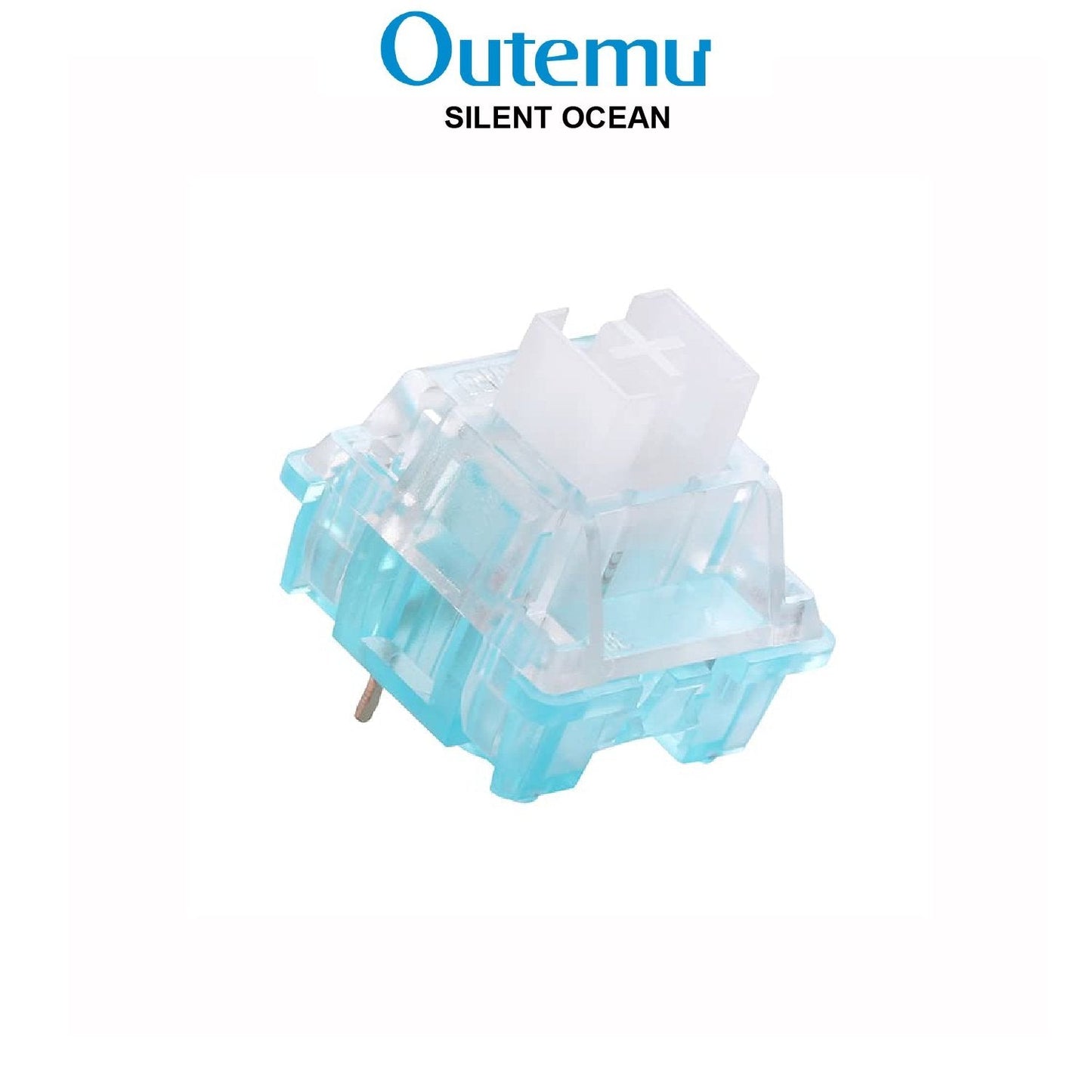 Outemu Silent Ocean keyboard switch with transparent blue housing and metal pins