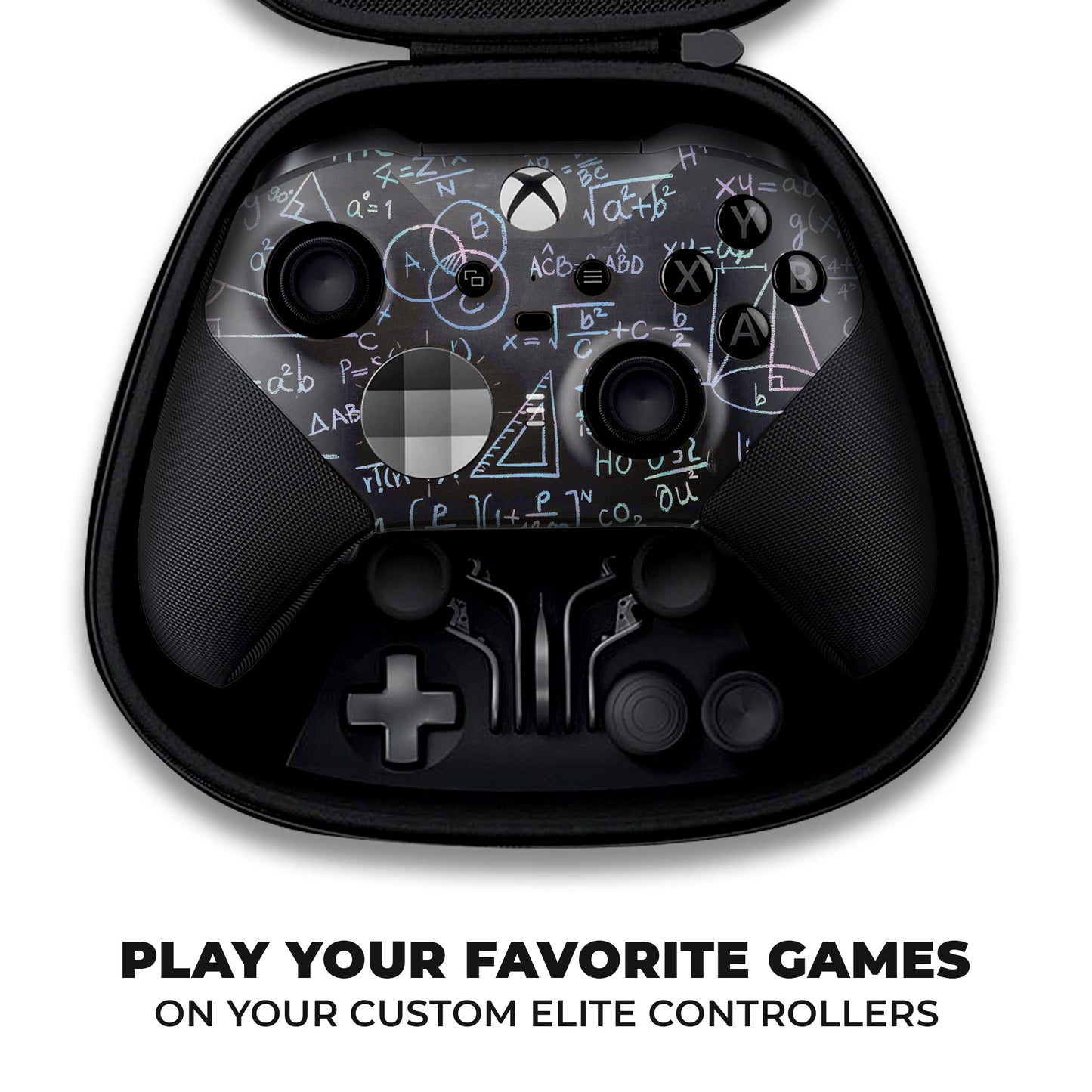 Black Xbox Elite Series 2 controller top view in case, blue physics hydrographic
