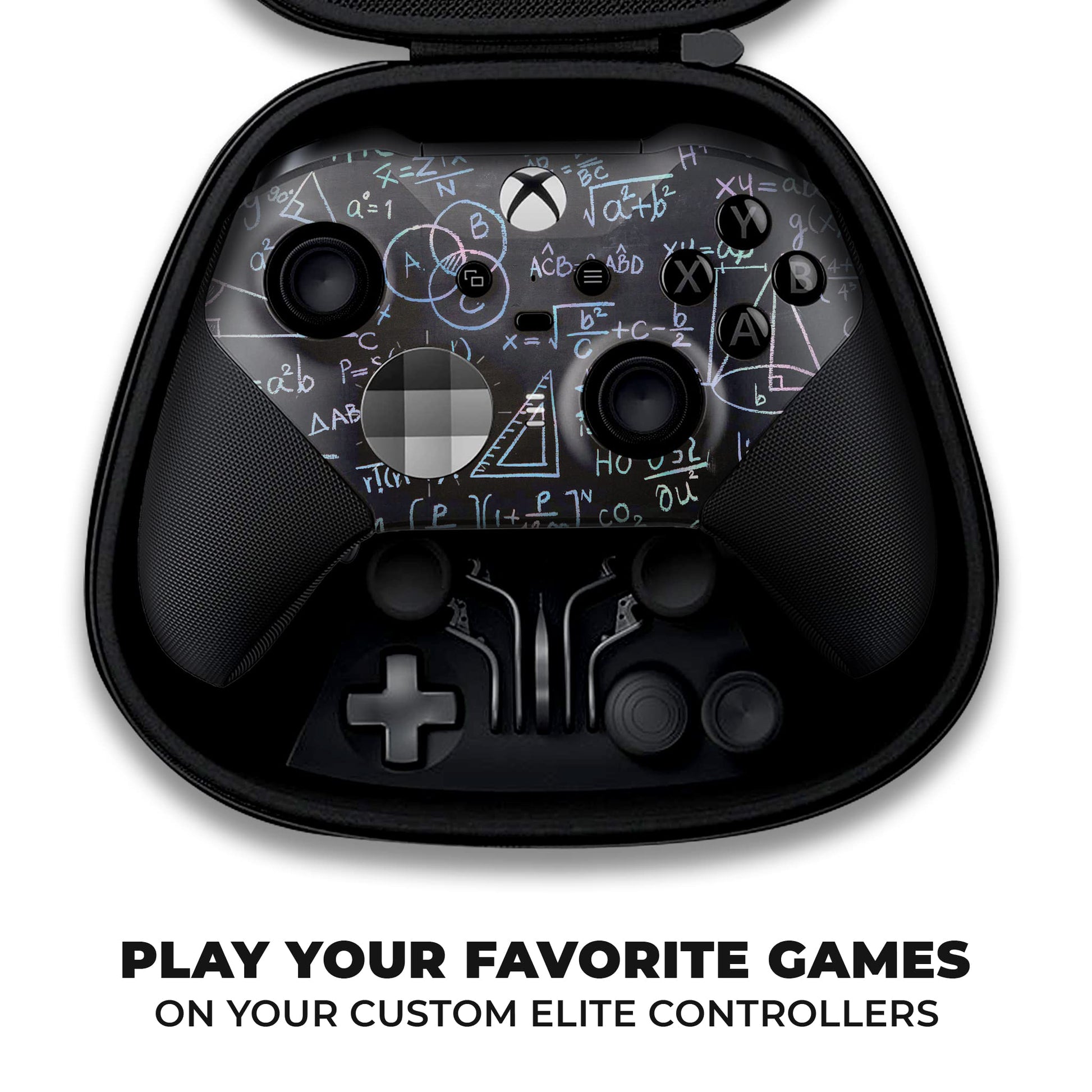 Black Xbox Elite Series 2 controller top view in case, blue physics hydrographic