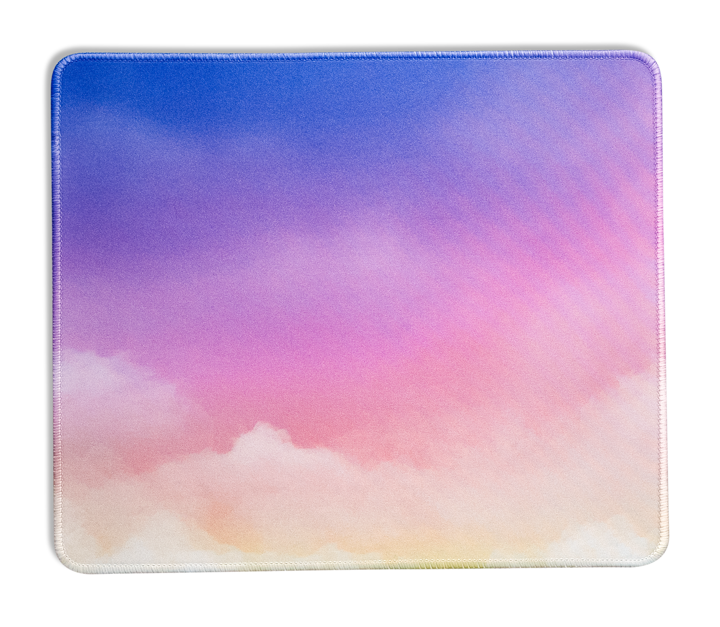 Square desk mat with pastel cloud gradient and white stitched edge