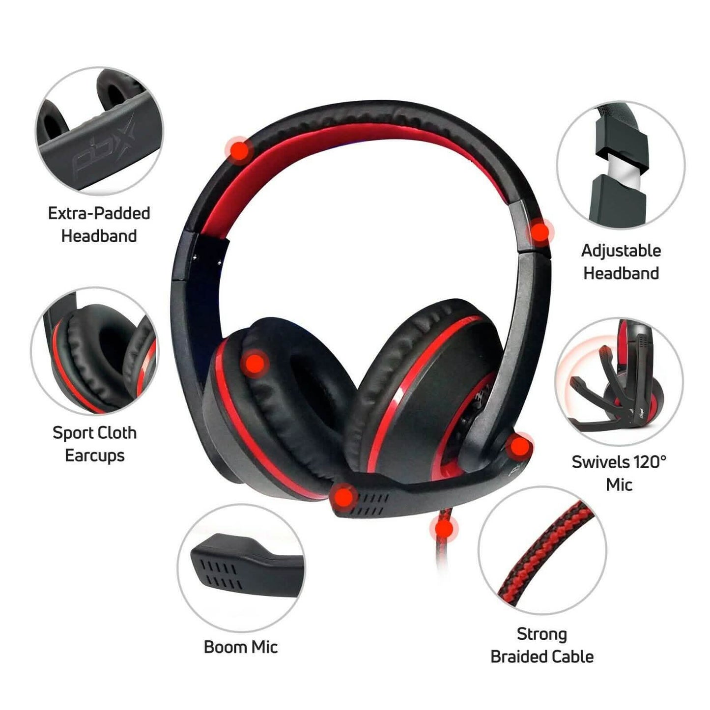 Over-ear gaming headset with black-and-red design, padded ear cups and adjustable band