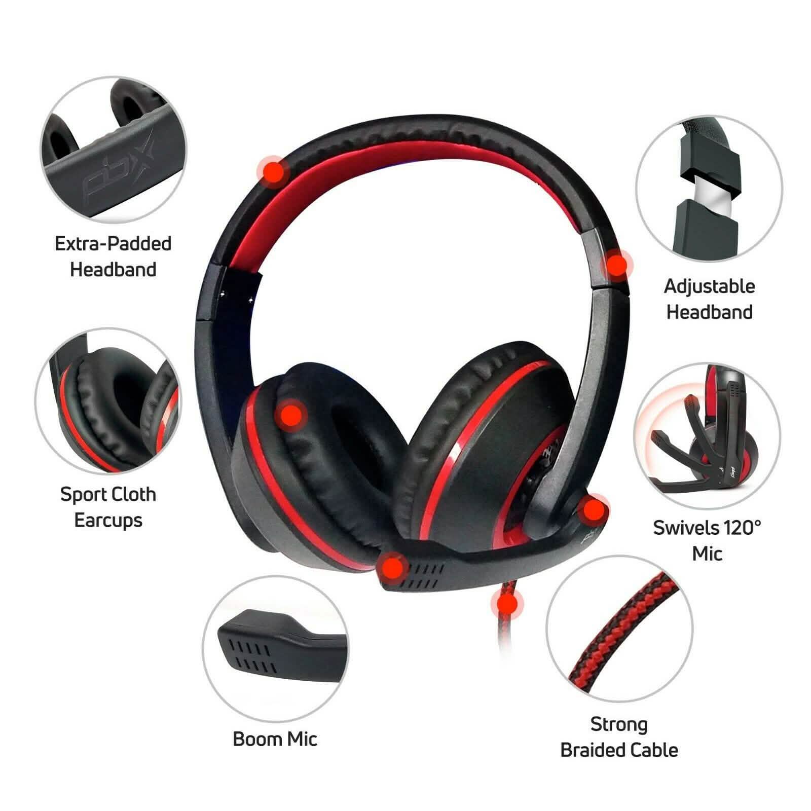 Over-ear gaming headset with black-and-red design, padded ear cups and adjustable band