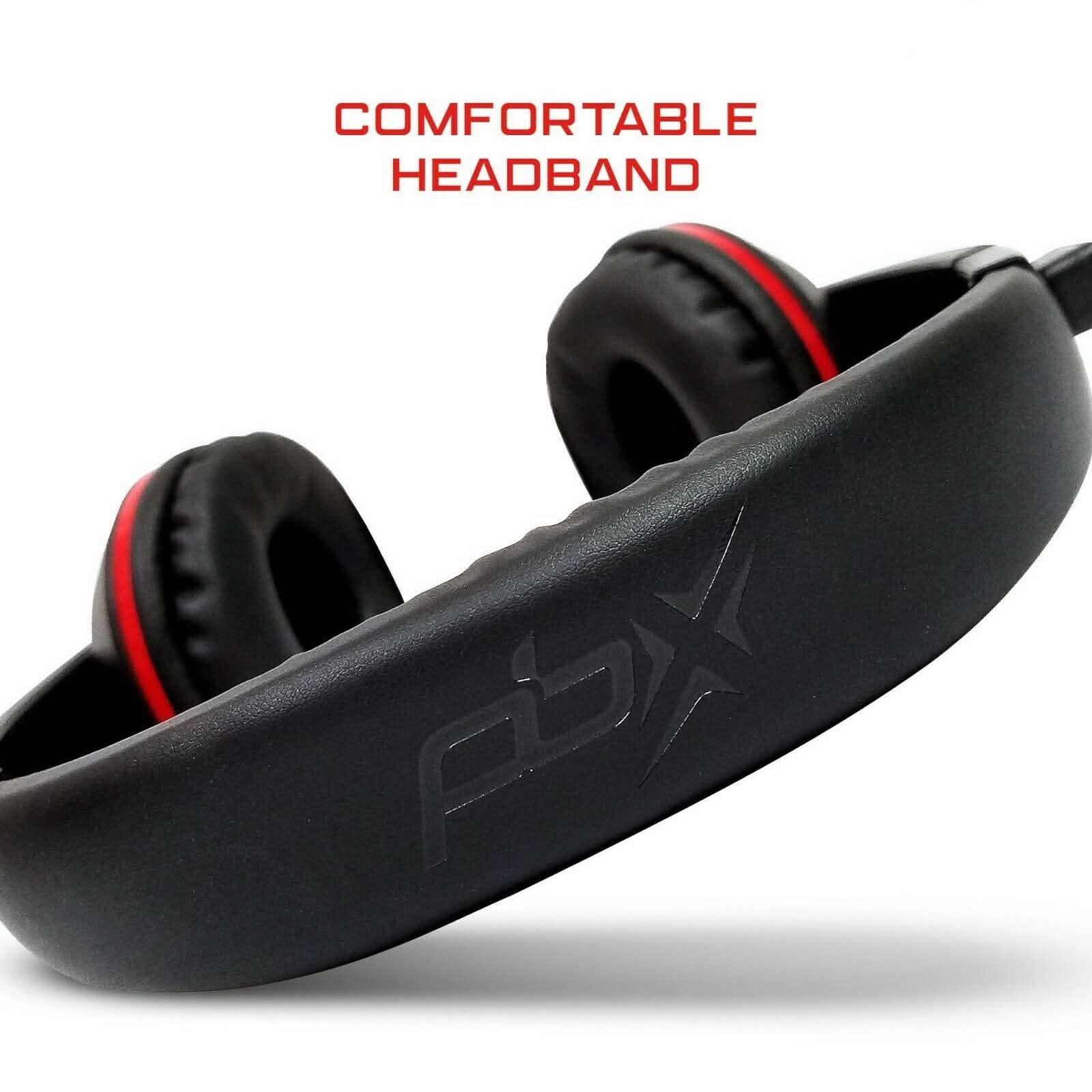 Gaming headset headband with black padding and red-edged ear cup