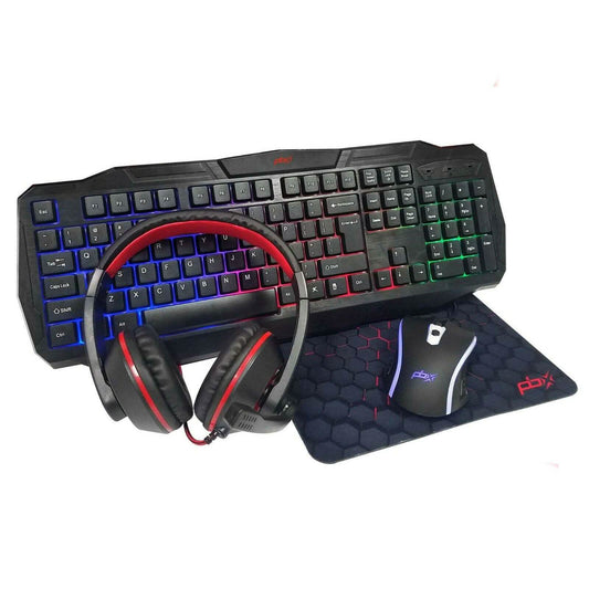 Gaming keyboard with multicolor keys, headset, mouse, and blue mouse pad