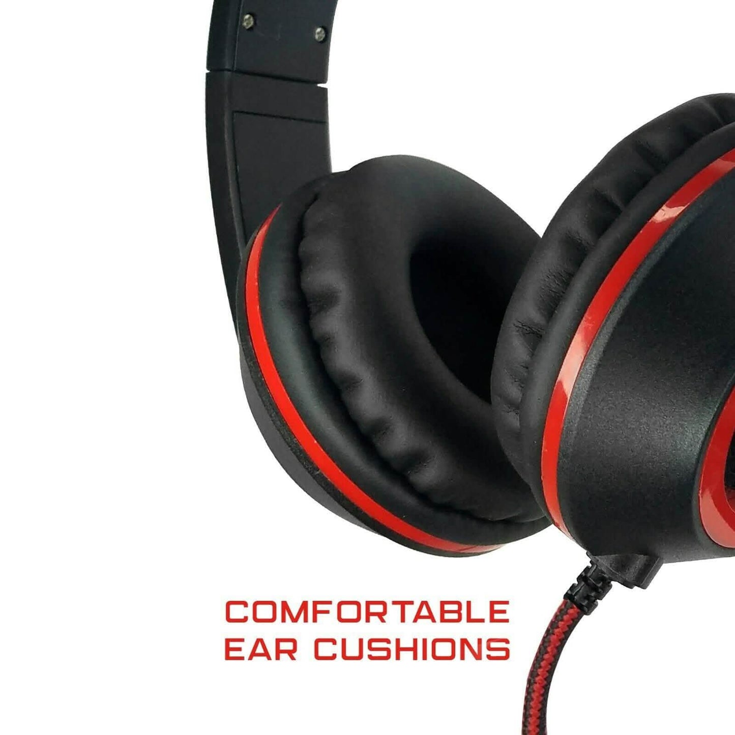 Over-ear gaming headset ear cushion in black with red trim
