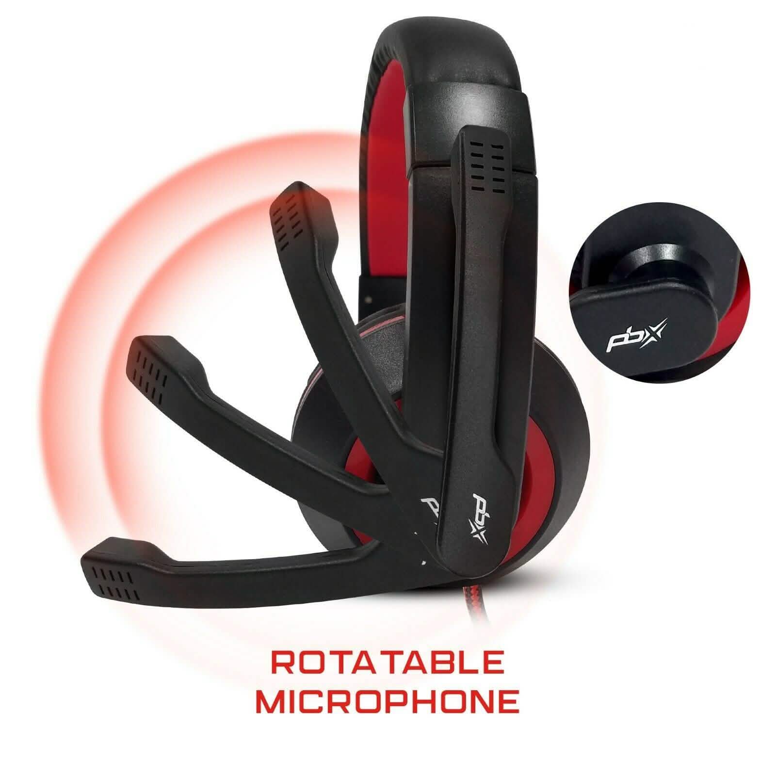 Gaming headset with rotatable boom microphone, black-and-red ear cups