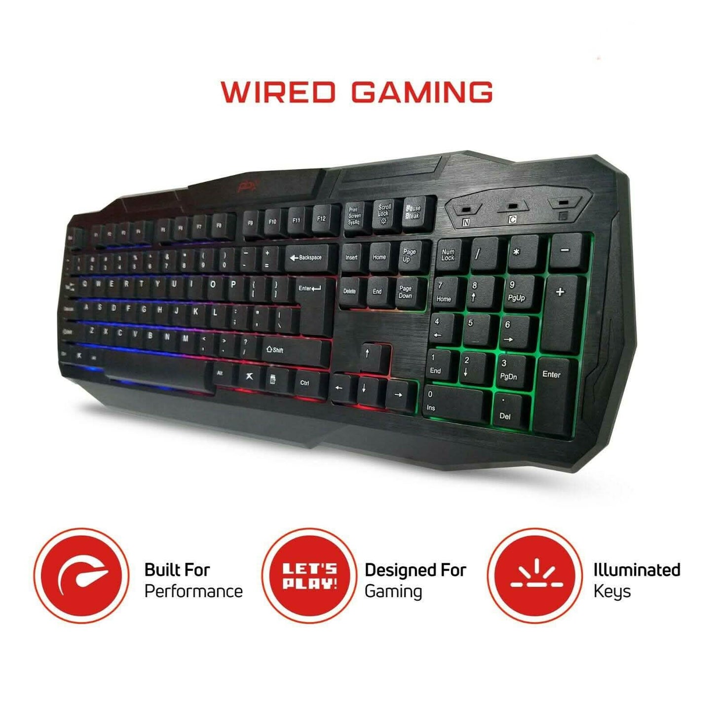 Wired backlit gaming keyboard with black keys and RGB lighting