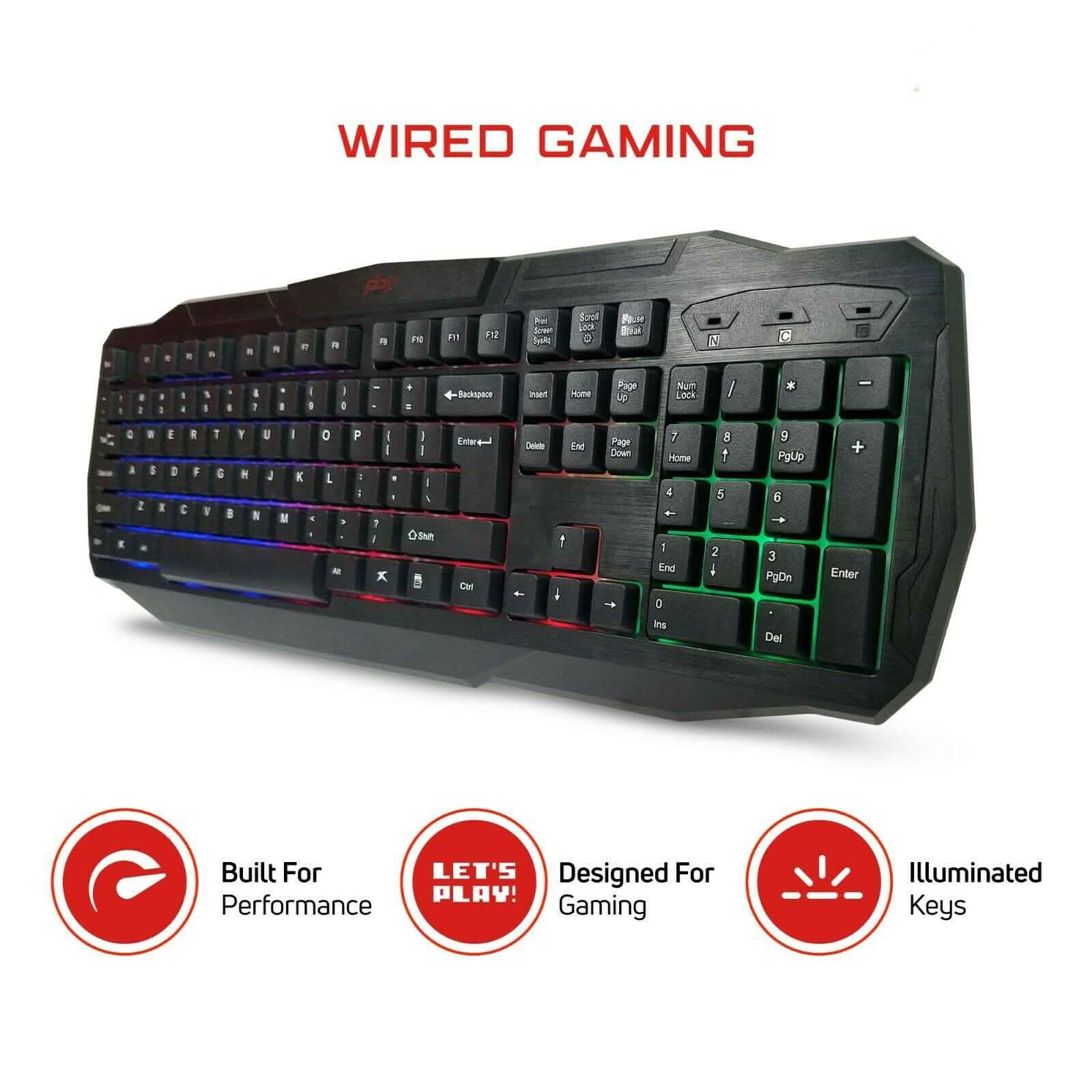 Wired backlit gaming keyboard with black keys and RGB lighting