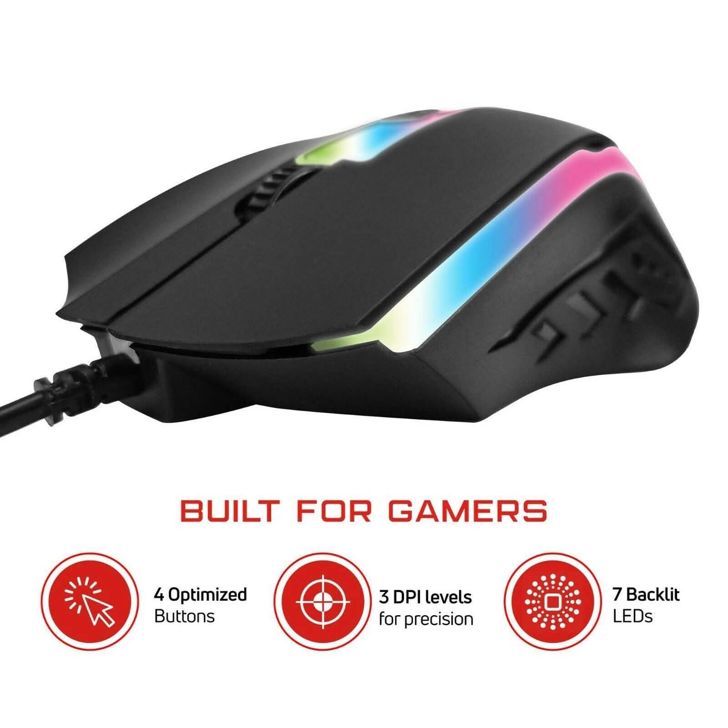 Wired gaming mouse with rainbow LED glow on black shell