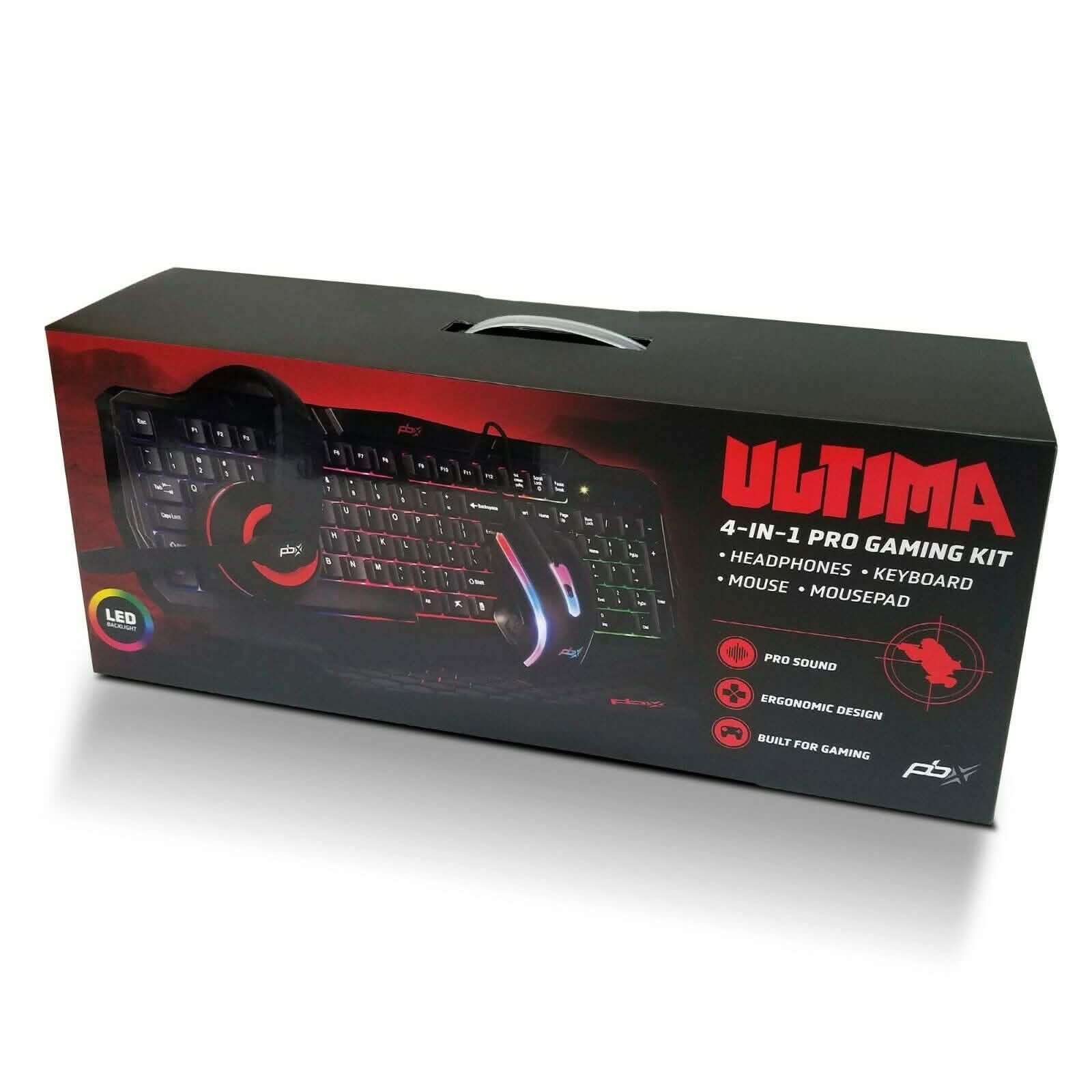 PBX 4-in-1 Pro gaming kit box with keyboard, headset, mouse, and mouse pad