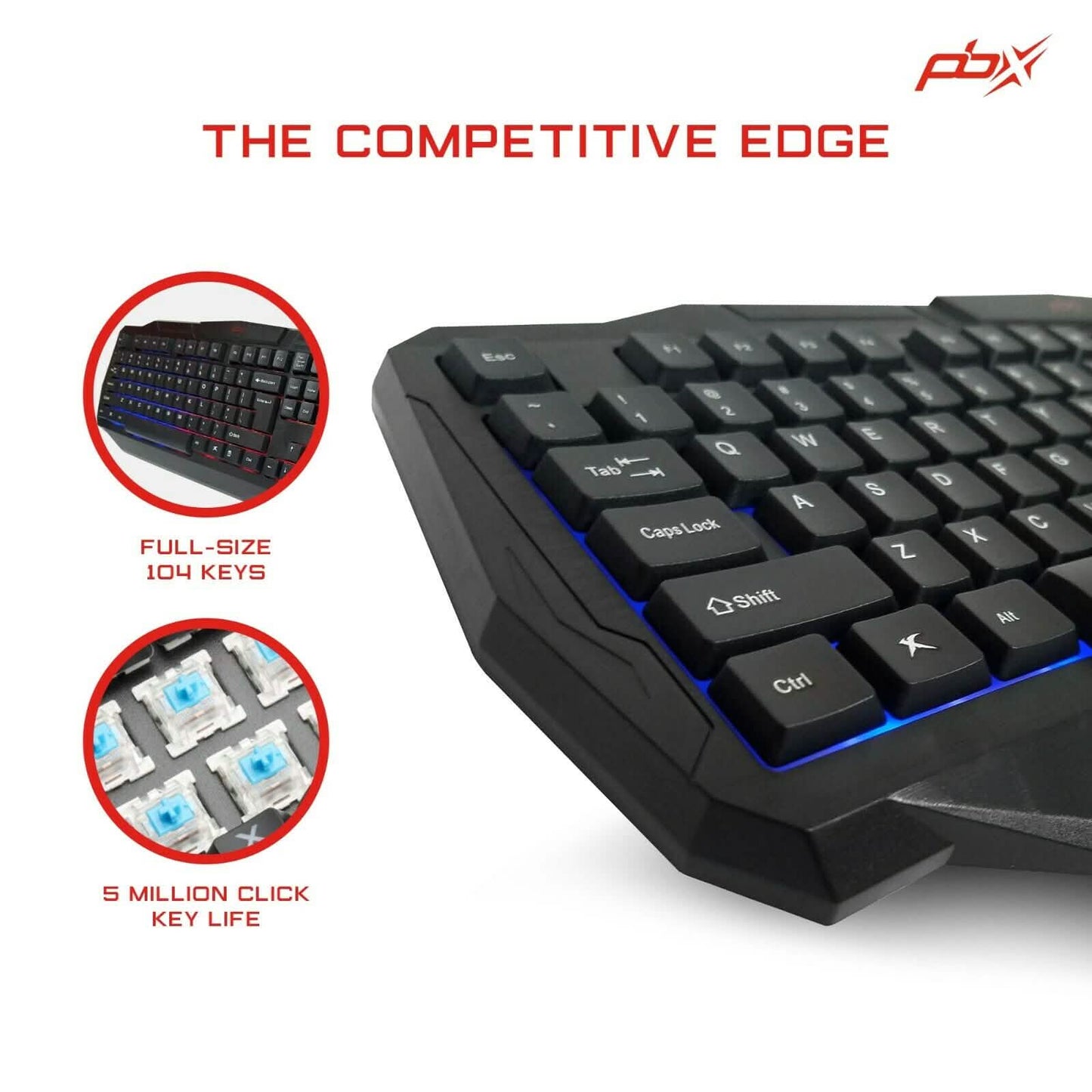 Gaming keyboard corner with illuminated keys, black keycaps and blue edge glow.