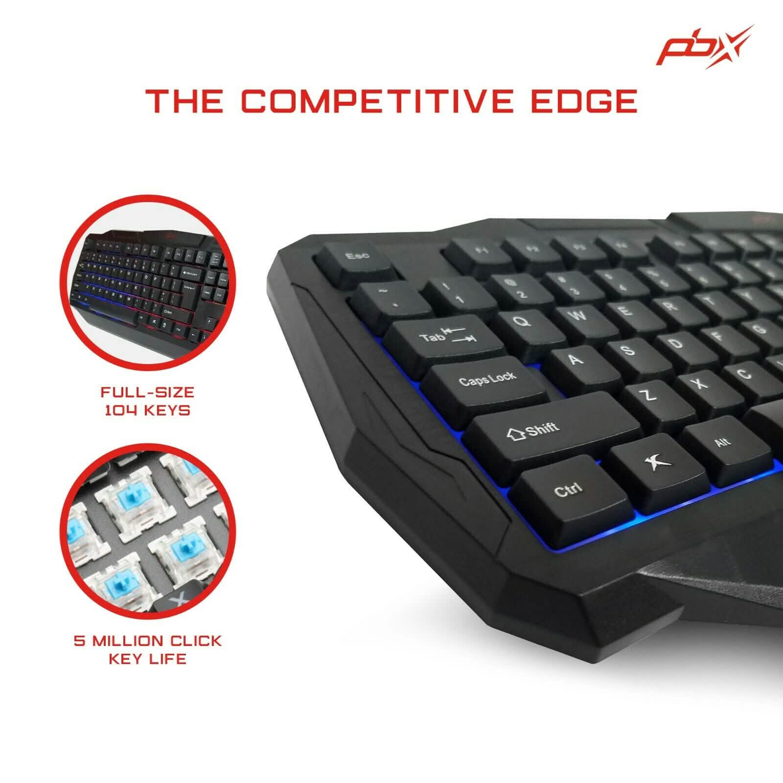 Gaming keyboard corner with illuminated keys, black keycaps and blue edge glow.