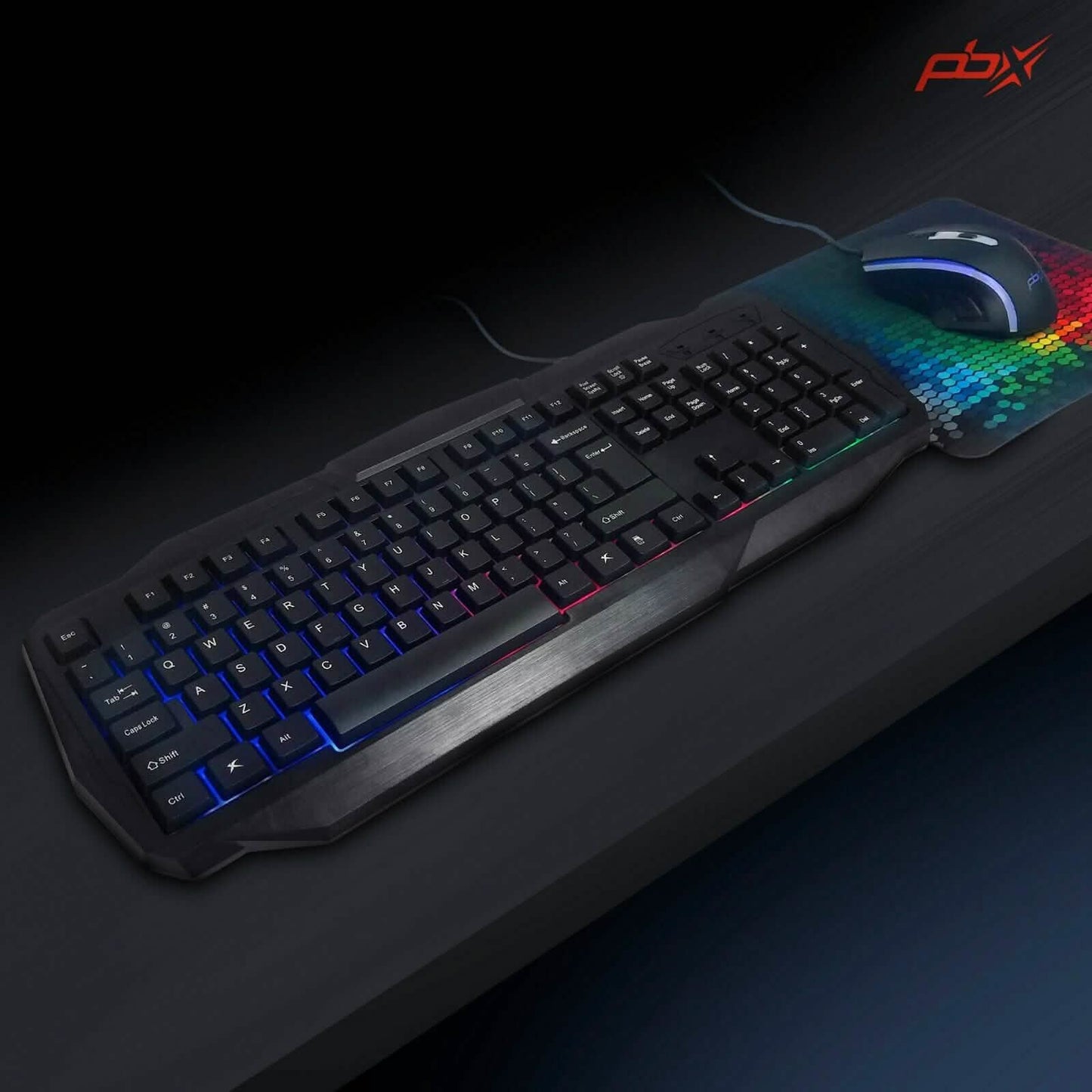 Backlit gaming keyboard with RGB keys in black, with wired mouse beside it.
