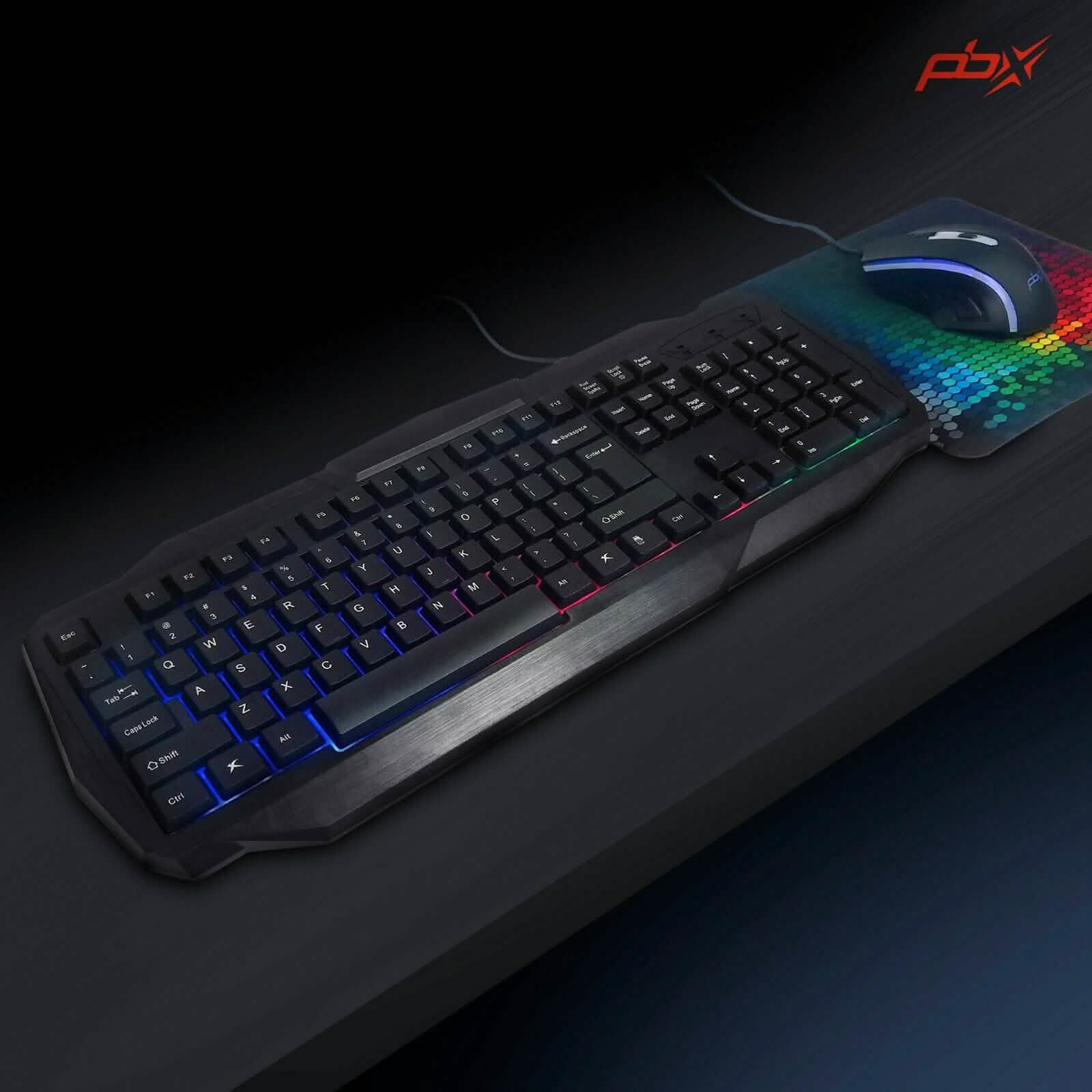 Backlit gaming keyboard with RGB keys in black, with wired mouse beside it.