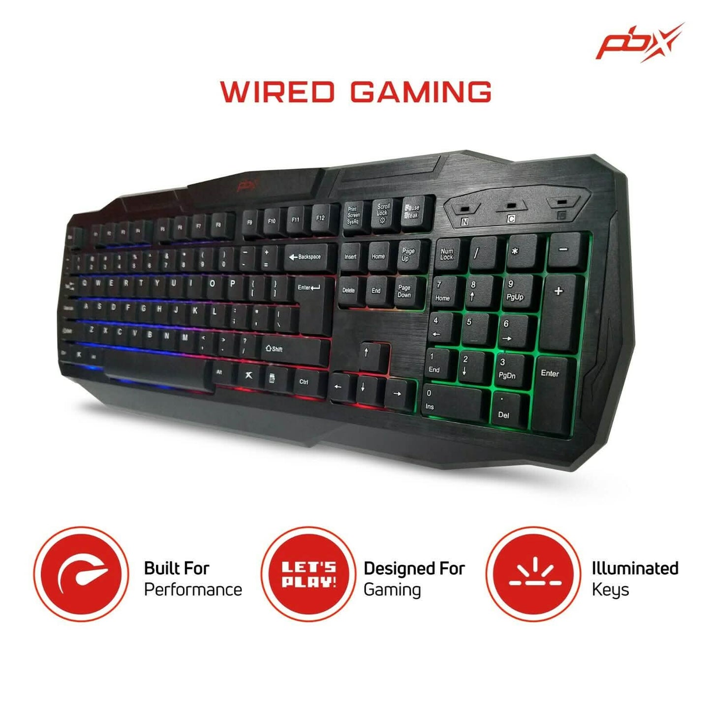 Backlit wired gaming keyboard in black, angled view with RGB numpad keys.